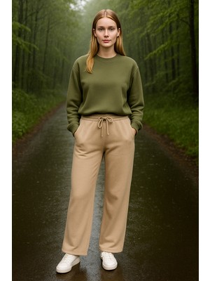 3iplik Şardonlu Kışlık Geniş Paça Kadın Eşofman Altı