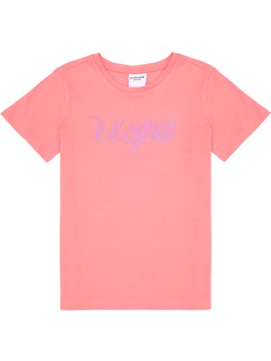U.S. Polo Assn. Kız Çocuk Pembe Tişört Regular Fit Kolsuz Grafik Desenli %100 Pamuk