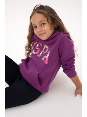 U.S. Polo Assn. Kız Çocuk Menekşe Payet İşlemeli Şardonlu Kapüşonlu Basic Sweatshirt 50314257-VR037