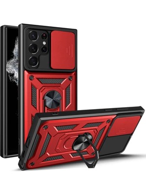 HANPORIUM Samsung Galaxy S23 Ultra Uyumlu Tank Kılıf Yüzüklü Standlı Extra Darbe Koruma Zırhlı Outdoor Kapak - Kırmızı