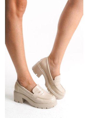 Aska K-706 Bej Kırışık Rugan Yüksek Tabanlı Loafer Ayakkabı