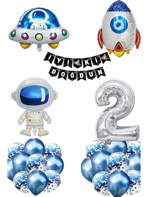Lidyahan Store Gitti Uzay Konsepti 2 Yaş Doğum Günü Parti Kutlama Seti; Astronot, Ufo ve Uzay Gemisi Folyo Balon Set