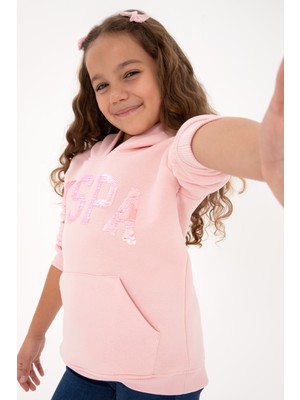 U.S. Polo Assn. Kız Çocuk Toz Pembe Payet İşlemeli Şardonlu Kapüşonlu Basic Sweatshirt 50314257-VR050
