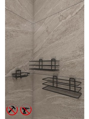 Lidyahan Store Banyo Yapışkanlı Kancalı Paslanmaz Siyah 2 Adet Düzenleyıcı Rafı Katı Sabunluk ve Bulaşık Süngerlik Seti