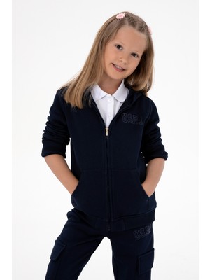 U.S. Polo Assn. Kız Çocuk Lacivert Kapüşonlu Fermuarlı Basic Sweatshirt 50316837-VR033