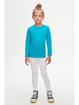 Lovetti Koyu Turkuaz Basic Unisex Çocuk Mevsimlik Sıfır Yaka Uzun Kollu Tişört