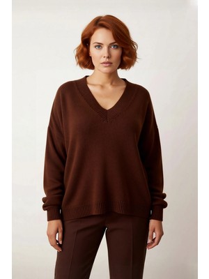 Ersefa Kadınlara Özel Basic Regular Kalıp V Yaka Triko Kazak Büzgülü Uzun Kol Rahat Günlük Kombinler