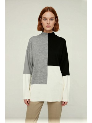 Ersefa Kadınlar Için Dik Yaka Relaxed Kesim Renk Bloklu Akrilik Triko Kazak Günlük Kullanım Kaliteli