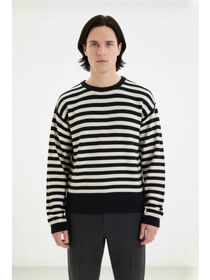 Ersefa Erkek Günlük Oversize Bisiklet Yaka Çizgili Triko Kazak Standart Uzun Kol Fitilli Dokuma Kaliteli