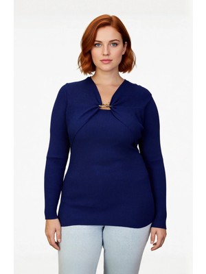 Ersefa Kadın Premium Özel Iplik Fitilli Triko Kazak Aksesuar Detaylı V Yaka Uzun Kol Zarif Giyim Kaliteli