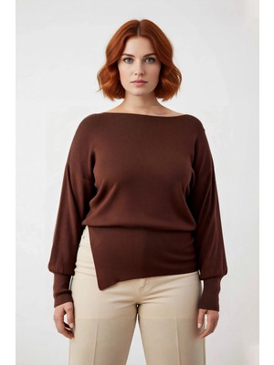 Ersefa Kadın Düz Asimetrik Kesim Kayık Yaka Rahat Triko Kazak Kış Sonbahar Günlük Kombinlerinize Uyumlu