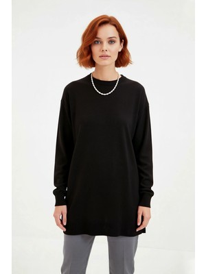 Ersefa Kadın Relaxed Kalıp Triko Tunik Bisiklet Yaka Akrilik Düşük Kol Düz Desenli Yırtmaç Detaylı Ince