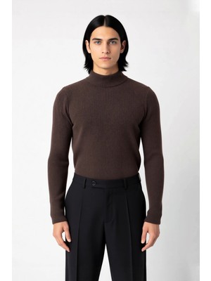 Ersefa Erkek Dik Yaka Uzun Kol Fitilli Dar Kalıp Triko Kazak Kış Sezonu Için Modern ve Konforlu Stil