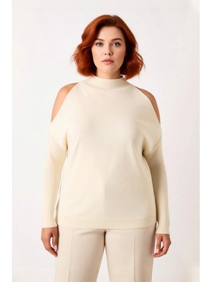 Ersefa Kadın Şık Relaxed Kalıp Dik Yaka Uzun Kollu Omzu Açık Detaylı Tarz Akrilik Triko Kazak Kaliteli