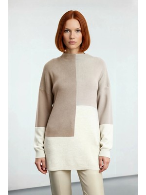 Ersefa Kadınlar Için Dik Yaka Relaxed Kesim Renk Bloklu Akrilik Triko Kazak Günlük Kullanım Kaliteli