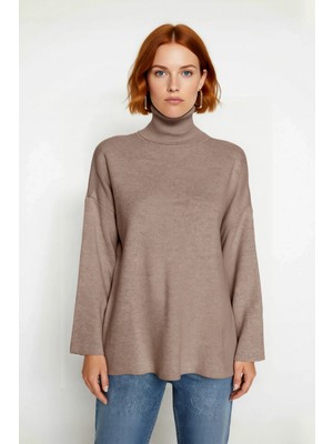 Ersefa Kadınlara Özel Oversize Kesim Düz Desen Balıkçı Yaka Uzun Kollu Triko Kazak Kış Modası Kaliteli