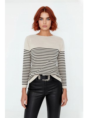 Ersefa Kadın Basic Regular Kalıp Uzun Kollu Çizgili Bisiklet Yaka Gri Triko Kazak Modeli Kaliteli