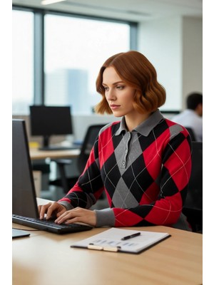 FRM Kadın Baklava Desenli Polo Yaka Triko Kazak Kış ve Sonbahar Şıklığınıza Klasik Bir Dokunuş