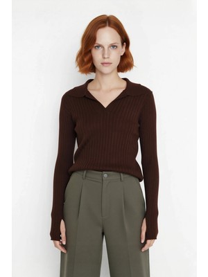 Ersefa Kadınlara Özel Basic Regular Kesim Polo Yaka Fitilli Triko Kazak Modern ve Konforlu Stil Kaliteli