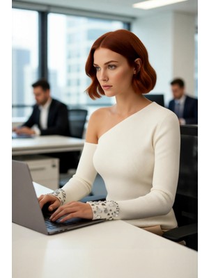 FRM Kadın Triko Asimetrik Yaka Kol Ucu Payetli Şık Rahat Kesim Düşük Kazak Ilkbahar Sonbahar