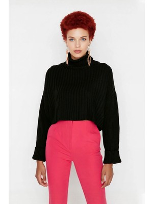 Ersefa Kadın Oversize Super Crop Balıkçı Yaka Kışlık Triko Kazak Uzun Kollu Rahat ve Şık Stil Kaliteli