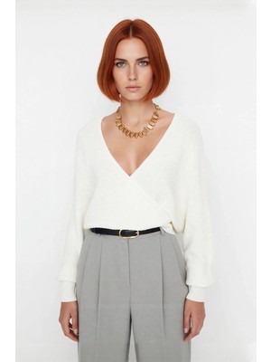 Ersefa Kadın Basic Düz Desen Yarasa Kol Uzun Kollu Orta Kalınlık Akrilik Süper Crop Triko Kazak Kaliteli