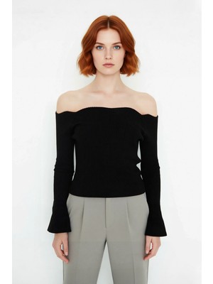 Ersefa Kadınlar Için Ince Fitted Carmen Yaka Akrilik Triko Kazak Uzun Kollu Düz Fitilli Tasarım Modelleri