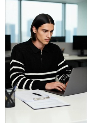 FRM Erkek Polo Yaka Oversize Kalıp Triko Çizgili Kazak Lacivert Renk Kalın Selanik Dokuma Kışlık Giysi