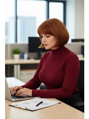 FRM Kadın Ince Akrilik Triko Kazak Fitted Kalıp Dik Yaka Tasarımı Ile Şık Günlük Kombinler Için