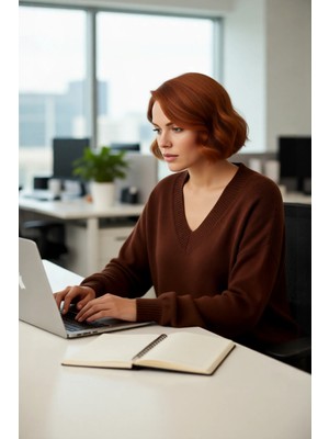 FRM Kadın Casual V Yaka Akrilik Triko Kazak Büzgülü Kol Detaylı Konforlu Basic Rahat Kullanım Için