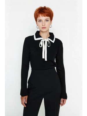 Ersefa Kadın Polo Yaka Bağcıklı Triko Kazak Renk Bloklu Uzun Kollu Kışlık Ofis Şıklığı Için Rahat Seçim