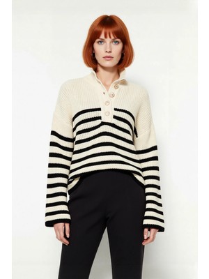 Ersefa Kadın Basic Çizgili Oversize Dik Yaka Triko Kazak Uzun Kollu Crop Rahat Sonbahar Kış Kaliteli