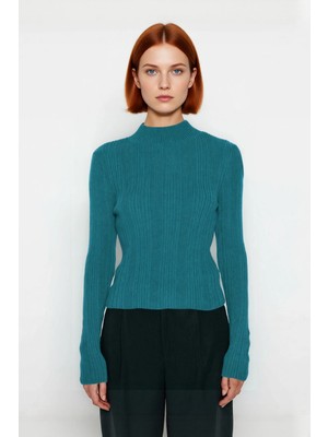 Ersefa Kadın Fitted Dik Yaka Fitilli Uzun Kollu Triko Kazak Günlük Basic Siluet Kış Sonbahar Konforu