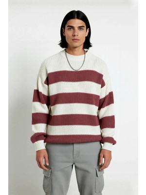 Ersefa Erkek Basic Koleksiyon Uzun Kollu Rahat Çizgili Bisiklet Yaka Akrilik Oversize Triko Kazak