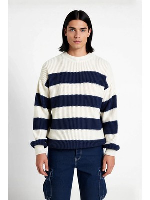 Ersefa Erkek Basic Koleksiyon Uzun Kollu Rahat Çizgili Bisiklet Yaka Akrilik Oversize Triko Kazak