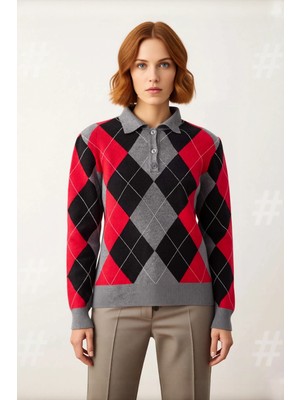 Ersefa Kadın Soğuk Havaların Gözdesi Baklava Desenli Polo Yaka Triko Kazak Konforlu ve Şık Kaliteli