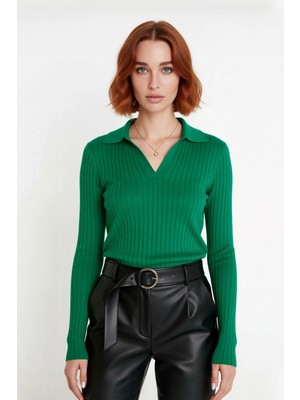 Ersefa Kadınlara Özel Basic Regular Kesim Polo Yaka Fitilli Triko Kazak Modern ve Konforlu Stil Kaliteli