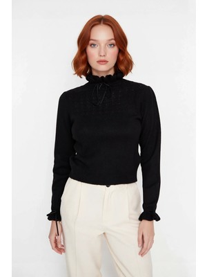 Ersefa Kadın Uzun Kollu Regular Kesim Dik Yaka Ajur Desenli Bağcıklı Triko Kazak Kışlık Basic Stil