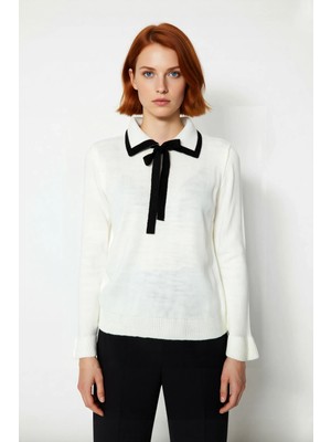 Ersefa Kadın Polo Yaka Bağcıklı Triko Kazak Renk Bloklu Uzun Kollu Kışlık Ofis Şıklığı Için Rahat Seçim