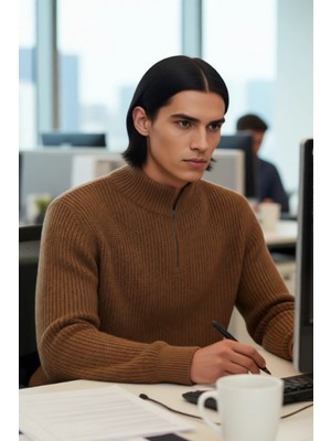 FRM Erkek Basic Regular Fit Fermuarlı Dik Yaka Selanik Örgü Triko Kazak Günlük Stilinize Modern Dokunuş.