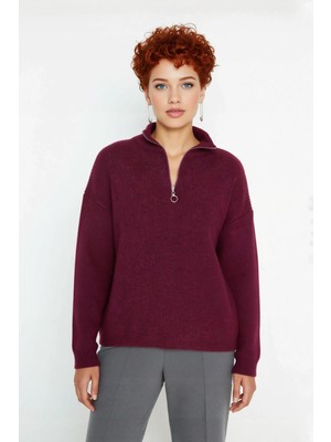 Ersefa Kadın Oversize Basic Dokulu Uzun Kollu Fermuarlı Dik Yaka Selanik Örgü Triko Kazak Kaliteli