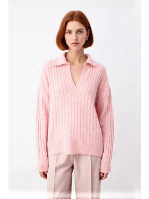 Ersefa Kadınlara Özel Oversize Fitilli Triko Kazak Düşük Kol Polo Yaka Kış Sezonu Için Ideal Günlük Giyim