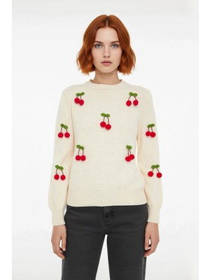 Ersefa Kadın Akrilik Triko Bisiklet Yaka Nakışlı Uzun Kollu Regular Kazak Kış Günleri Için Konforlu Stil