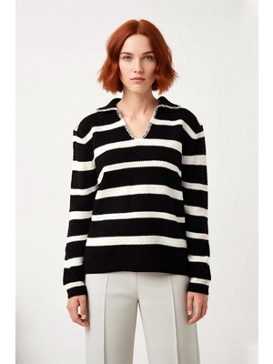 Ersefa Kadın Uzun Kollu Rahat Kalıp Çizgili Triko Kazak Polo Yaka Detaylı Soğuk Günler Için Ideal