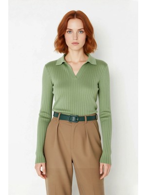 Ersefa Kadınlara Özel Basic Regular Kesim Polo Yaka Fitilli Triko Kazak Modern ve Konforlu Stil Kaliteli