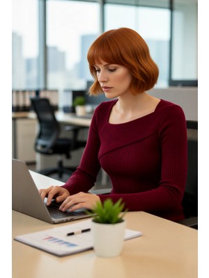 FRM Kadınlar Için Düz Desen Asimetrik Yaka Akrilik Triko Kazak Fitted Uzun Kollu Modern Şıklık