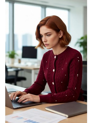 FRM Kadın Regular Kalıp Çift Yüzlü Akrilik Triko Hırka Saç Örgü Desenli Kışlık Giyim Tarzı Kaliteli