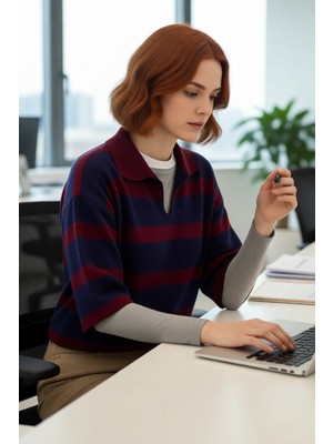 FRM Kadın Regular Kalıp Çizgili Polo Yaka Triko Kazak Ilkbahar Sonbahar Için Ideal Basic Tasarım