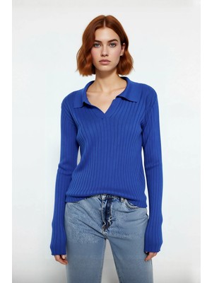 Ersefa Kadınlara Özel Basic Regular Kesim Polo Yaka Fitilli Triko Kazak Modern ve Konforlu Stil Kaliteli