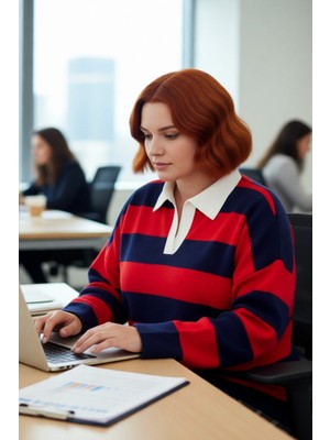 FRM Kadın Konforlu Rahat Kesim Polo Yaka Çizgili Uzun Kollu Triko Kazak Orta Kalınlık Günlük Şıklık